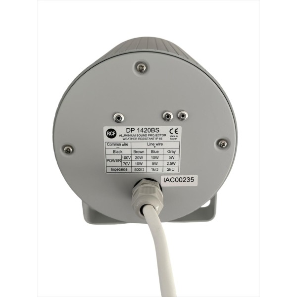 Projecteur sonore RCF DP1420BS en aluminium gris RAL 7035, 70-100 V, 20/10/5 W, EN54